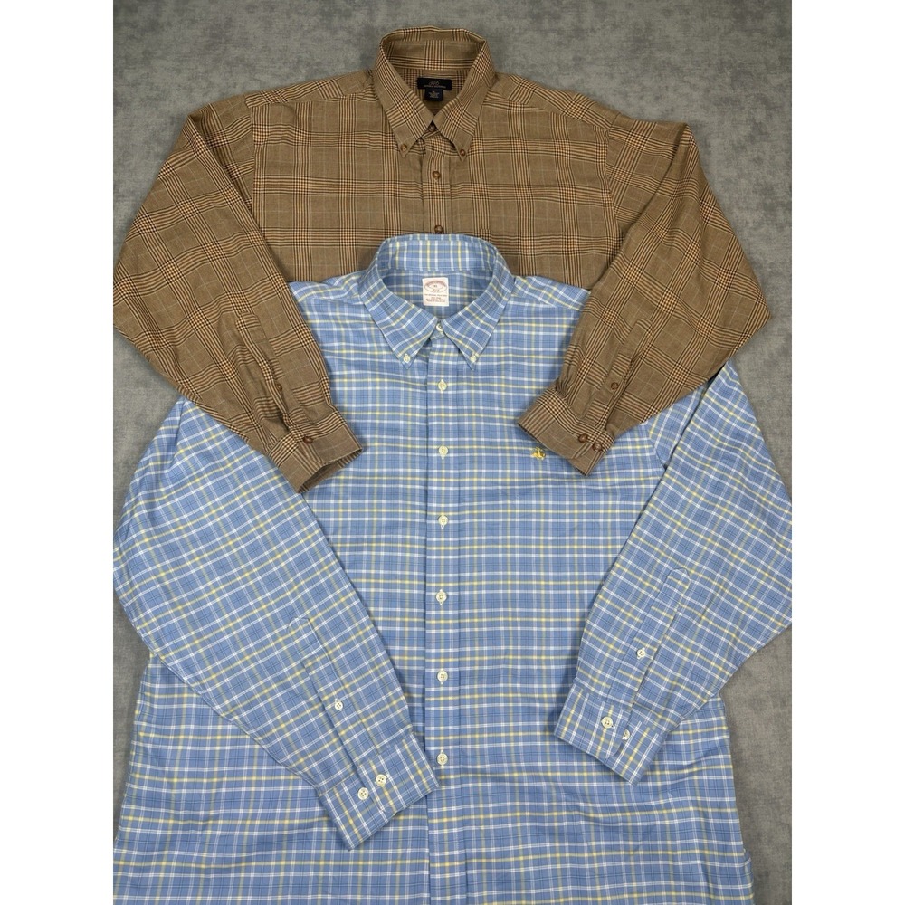 Lot 2 Brooks Brothers 346 Shirts Mens XL Plaid Cotton Wool Non Iron Button Down